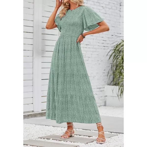 ZESICA Womens 2024 Summer Casual Floral Print Short Flutter Sleeve Crew Neck Smocked High Waist Flowy Maxi DressSage