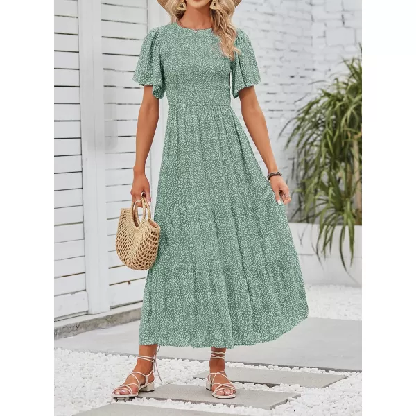 ZESICA Womens 2024 Summer Casual Floral Print Short Flutter Sleeve Crew Neck Smocked High Waist Flowy Maxi DressSage