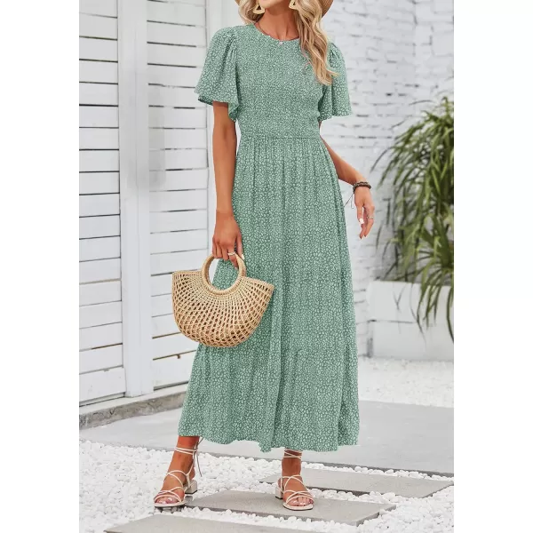 ZESICA Womens 2024 Summer Casual Floral Print Short Flutter Sleeve Crew Neck Smocked High Waist Flowy Maxi DressSage