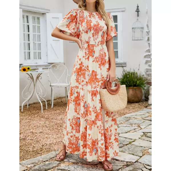 ZESICA Womens 2024 Summer Casual Floral Print Short Flutter Sleeve Crew Neck Smocked High Waist Flowy Maxi DressTangerine