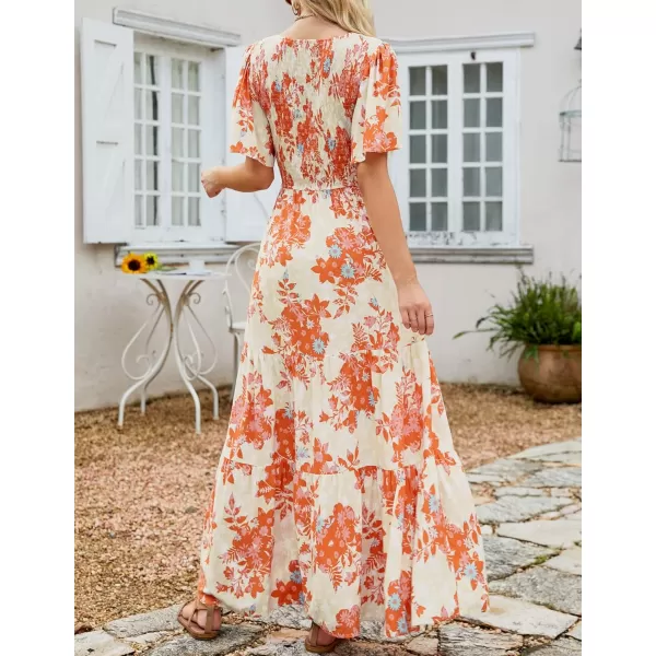 ZESICA Womens 2024 Summer Casual Floral Print Short Flutter Sleeve Crew Neck Smocked High Waist Flowy Maxi DressTangerine