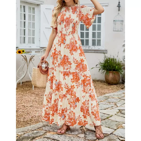 ZESICA Womens 2024 Summer Casual Floral Print Short Flutter Sleeve Crew Neck Smocked High Waist Flowy Maxi DressTangerine