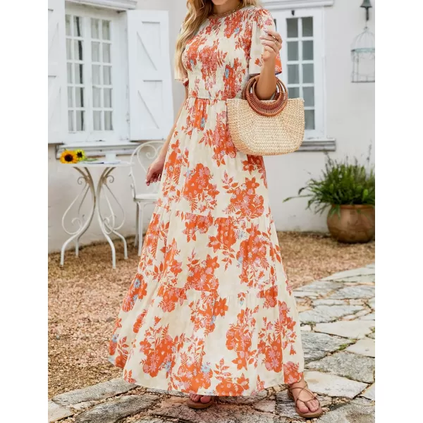 ZESICA Womens 2024 Summer Casual Floral Print Short Flutter Sleeve Crew Neck Smocked High Waist Flowy Maxi DressTangerine
