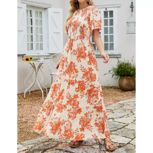 ZESICA Womens 2024 Summer Casual Floral Print Short Flutter Sleeve Crew Neck Smocked High Waist Flowy Maxi DressTangerine