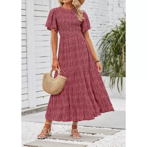 ZESICA Womens 2024 Summer Casual Floral Print Short Flutter Sleeve Crew Neck Smocked High Waist Flowy Maxi DressVintagered