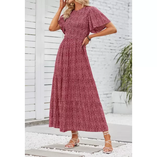 ZESICA Womens 2024 Summer Casual Floral Print Short Flutter Sleeve Crew Neck Smocked High Waist Flowy Maxi DressVintagered