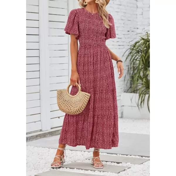 ZESICA Womens 2024 Summer Casual Floral Print Short Flutter Sleeve Crew Neck Smocked High Waist Flowy Maxi DressVintagered