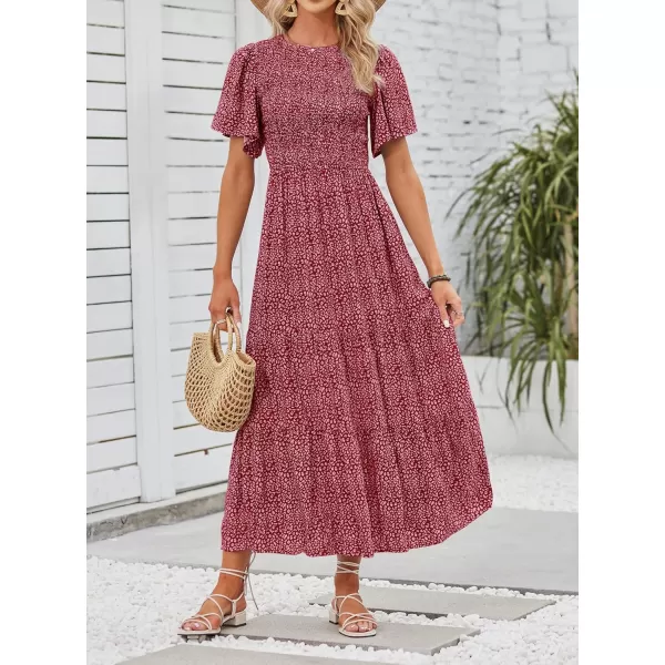 ZESICA Womens 2024 Summer Casual Floral Print Short Flutter Sleeve Crew Neck Smocked High Waist Flowy Maxi DressVintagered