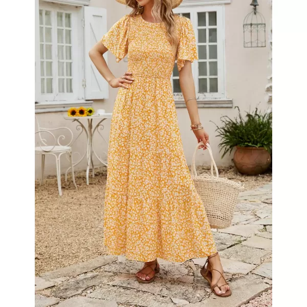 ZESICA Womens 2024 Summer Casual Floral Print Short Flutter Sleeve Crew Neck Smocked High Waist Flowy Maxi DressYellow