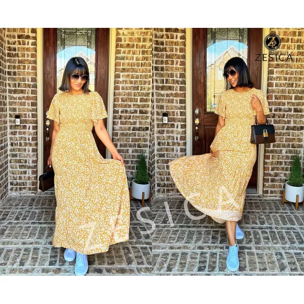 ZESICA Womens 2024 Summer Casual Floral Print Short Flutter Sleeve Crew Neck Smocked High Waist Flowy Maxi DressYellow