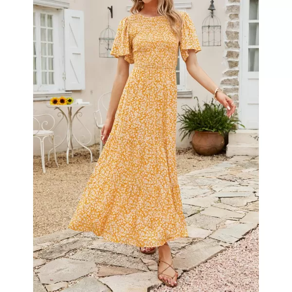 ZESICA Womens 2024 Summer Casual Floral Print Short Flutter Sleeve Crew Neck Smocked High Waist Flowy Maxi DressYellow