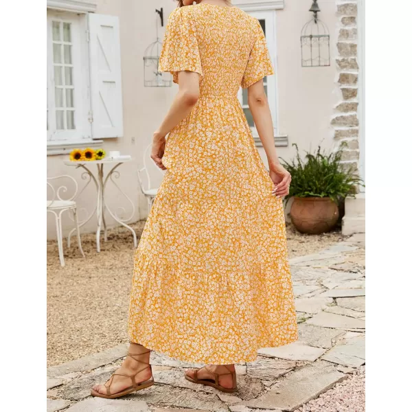 ZESICA Womens 2024 Summer Casual Floral Print Short Flutter Sleeve Crew Neck Smocked High Waist Flowy Maxi DressYellow