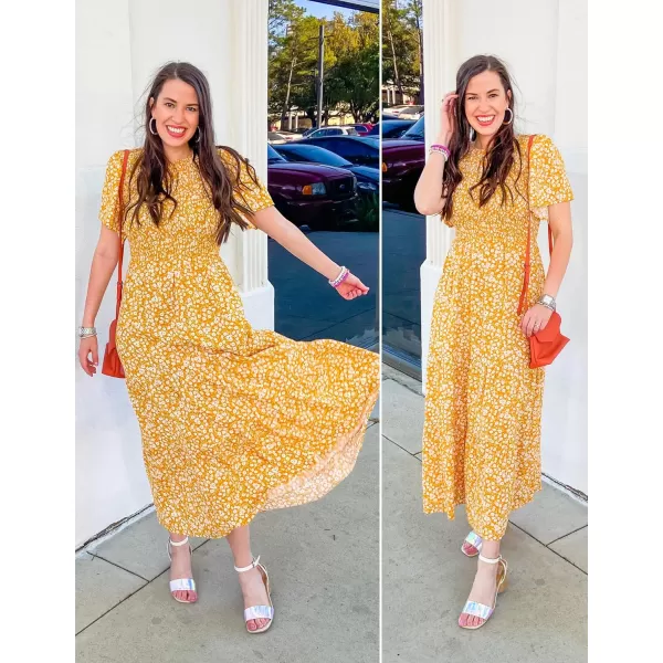 ZESICA Womens 2024 Summer Casual Floral Print Short Flutter Sleeve Crew Neck Smocked High Waist Flowy Maxi DressYellow