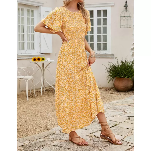 ZESICA Womens 2024 Summer Casual Floral Print Short Flutter Sleeve Crew Neck Smocked High Waist Flowy Maxi DressYellow