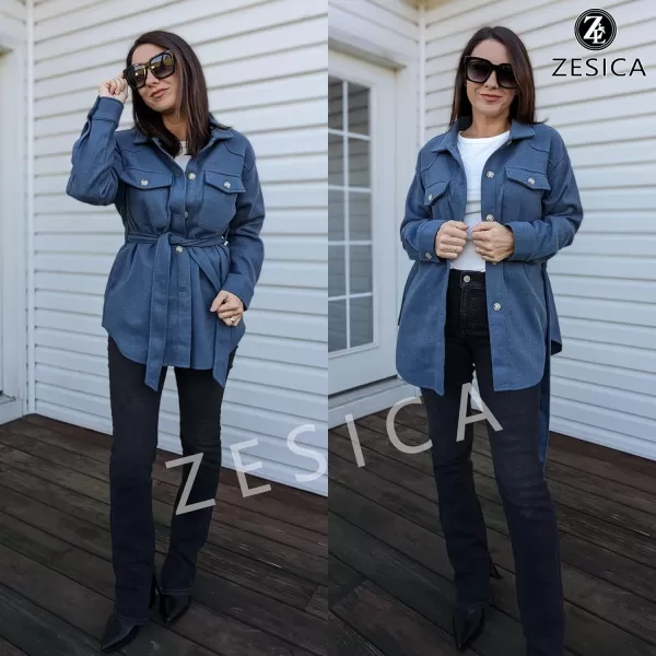 ZESICA Womens Casual Trench Coat Long Sleeve Lapel Button Down Belted Jacket Outerwear Peacoat with PocketsBlue