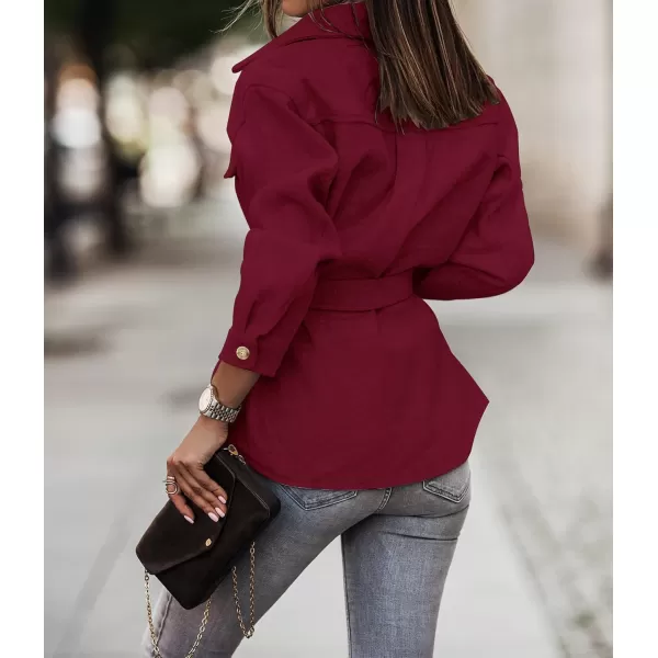 ZESICA Womens Casual Trench Coat Long Sleeve Lapel Button Down Belted Jacket Outerwear Peacoat with PocketsWine