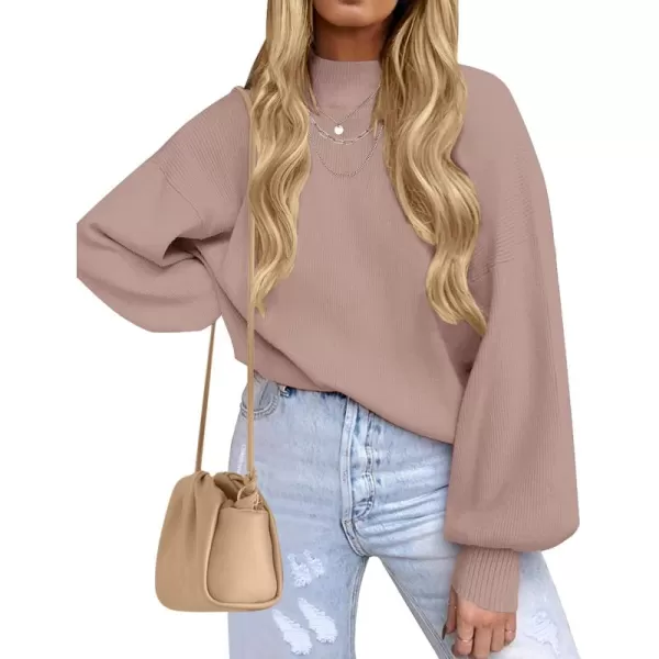 ZESICA Womens 2024 Casual Turtleneck Long Lantern Sleeve Oversized Ribbed Knit Pullover Sweater Jumper TopAlmond