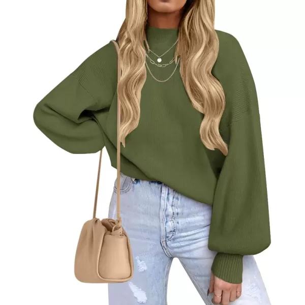 ZESICA Womens 2024 Casual Turtleneck Long Lantern Sleeve Oversized Ribbed Knit Pullover Sweater Jumper TopArmygreen