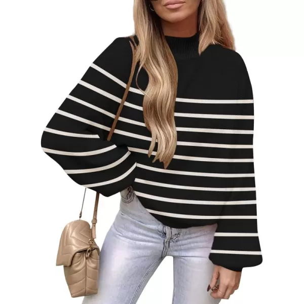 ZESICA Womens 2024 Casual Turtleneck Long Lantern Sleeve Oversized Ribbed Knit Pullover Sweater Jumper TopBlackstripe