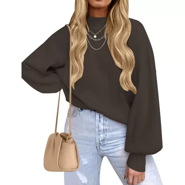 ZESICA Womens 2024 Casual Turtleneck Long Lantern Sleeve Oversized Ribbed Knit Pullover Sweater Jumper TopCoffee