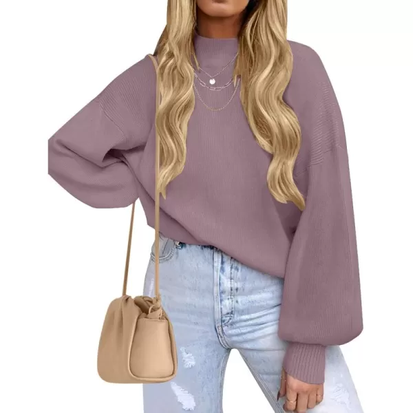 ZESICA Womens 2024 Casual Turtleneck Long Lantern Sleeve Oversized Ribbed Knit Pullover Sweater Jumper TopDarkviolet