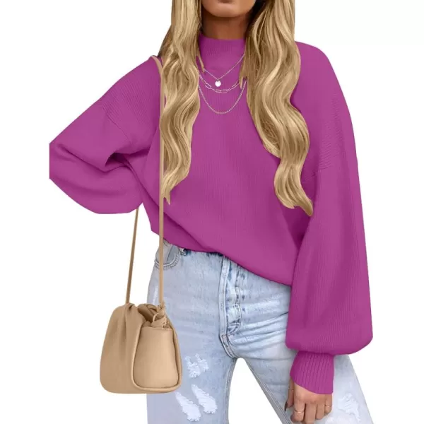 ZESICA Womens 2024 Casual Turtleneck Long Lantern Sleeve Oversized Ribbed Knit Pullover Sweater Jumper TopEggplant