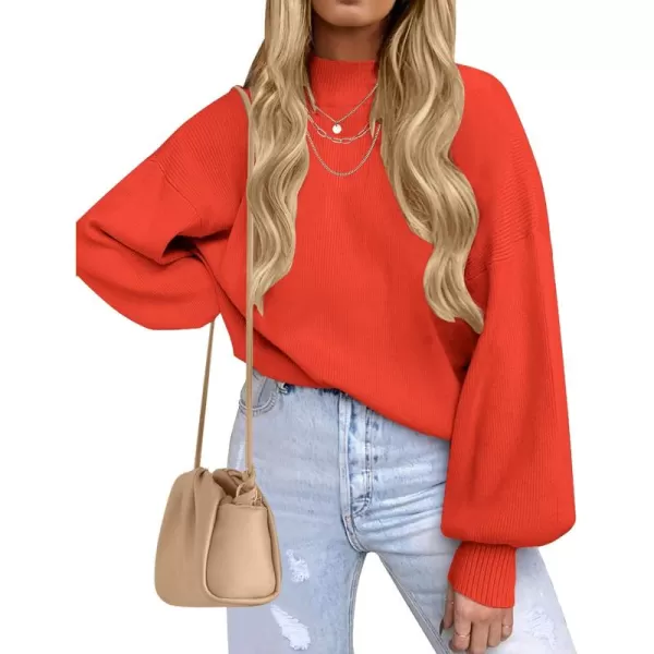 ZESICA Womens 2024 Casual Turtleneck Long Lantern Sleeve Oversized Ribbed Knit Pullover Sweater Jumper TopFirered