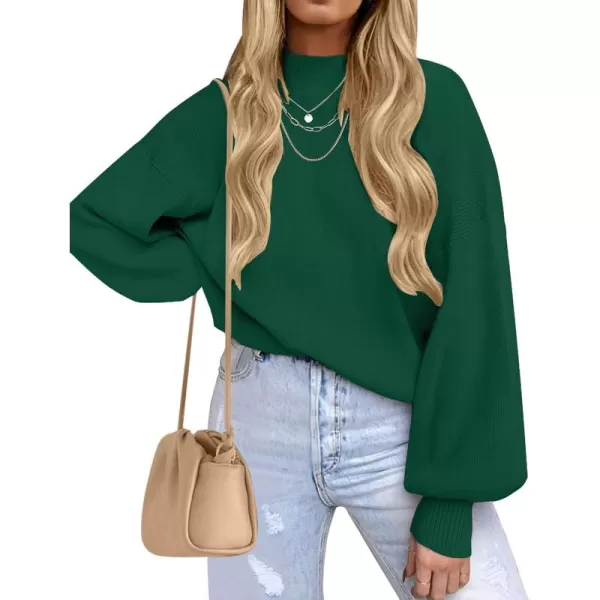 ZESICA Womens 2024 Casual Turtleneck Long Lantern Sleeve Oversized Ribbed Knit Pullover Sweater Jumper TopForestgreen