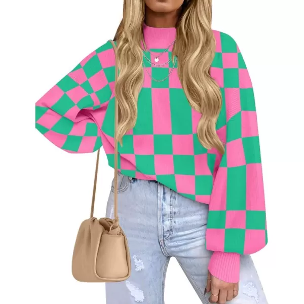 ZESICA Womens 2024 Casual Turtleneck Long Lantern Sleeve Oversized Ribbed Knit Pullover Sweater Jumper TopGreenplaid