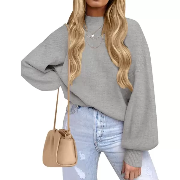 ZESICA Womens 2024 Casual Turtleneck Long Lantern Sleeve Oversized Ribbed Knit Pullover Sweater Jumper TopGrey