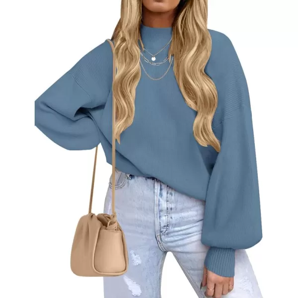 ZESICA Womens 2024 Casual Turtleneck Long Lantern Sleeve Oversized Ribbed Knit Pullover Sweater Jumper TopGreyblue