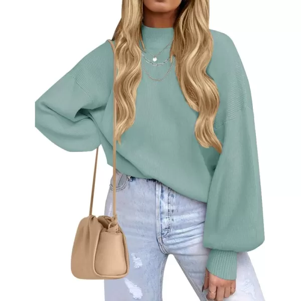 ZESICA Womens 2024 Casual Turtleneck Long Lantern Sleeve Oversized Ribbed Knit Pullover Sweater Jumper TopLake