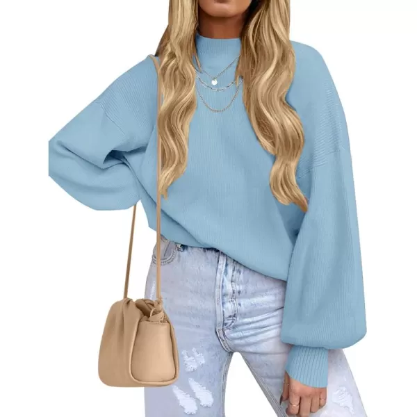 ZESICA Womens 2024 Casual Turtleneck Long Lantern Sleeve Oversized Ribbed Knit Pullover Sweater Jumper TopLightblue