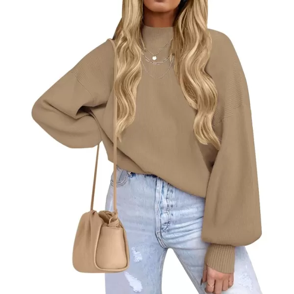 ZESICA Womens 2024 Casual Turtleneck Long Lantern Sleeve Oversized Ribbed Knit Pullover Sweater Jumper TopLightkhaki