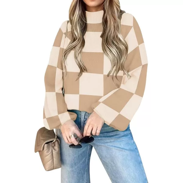 ZESICA Womens 2024 Casual Turtleneck Long Lantern Sleeve Oversized Ribbed Knit Pullover Sweater Jumper TopLightkhakiplaid
