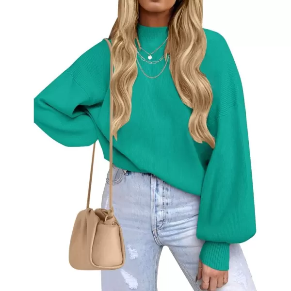 ZESICA Womens 2024 Casual Turtleneck Long Lantern Sleeve Oversized Ribbed Knit Pullover Sweater Jumper TopPeacock