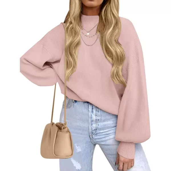 ZESICA Womens 2024 Casual Turtleneck Long Lantern Sleeve Oversized Ribbed Knit Pullover Sweater Jumper TopPink