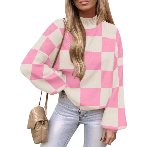 ZESICA Womens 2024 Casual Turtleneck Long Lantern Sleeve Oversized Ribbed Knit Pullover Sweater Jumper TopPinkplaid