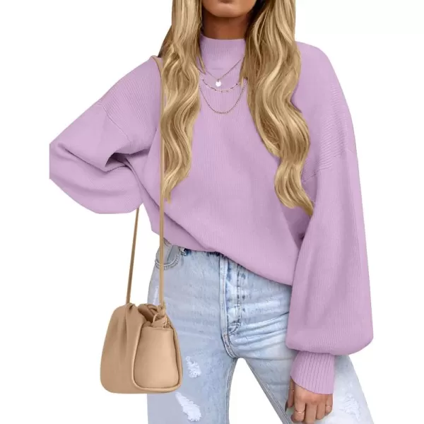 ZESICA Womens 2024 Casual Turtleneck Long Lantern Sleeve Oversized Ribbed Knit Pullover Sweater Jumper TopPurple