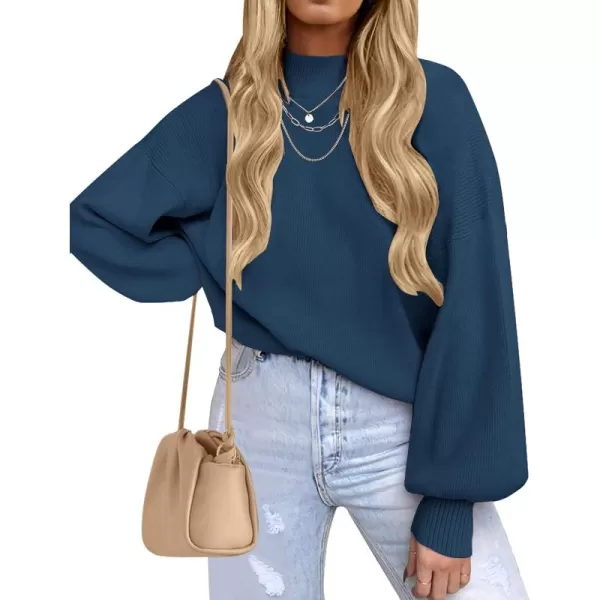 ZESICA Womens 2024 Casual Turtleneck Long Lantern Sleeve Oversized Ribbed Knit Pullover Sweater Jumper TopRoyalblue