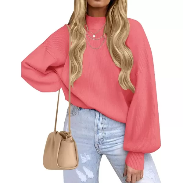 ZESICA Womens 2024 Casual Turtleneck Long Lantern Sleeve Oversized Ribbed Knit Pullover Sweater Jumper TopWatermelon