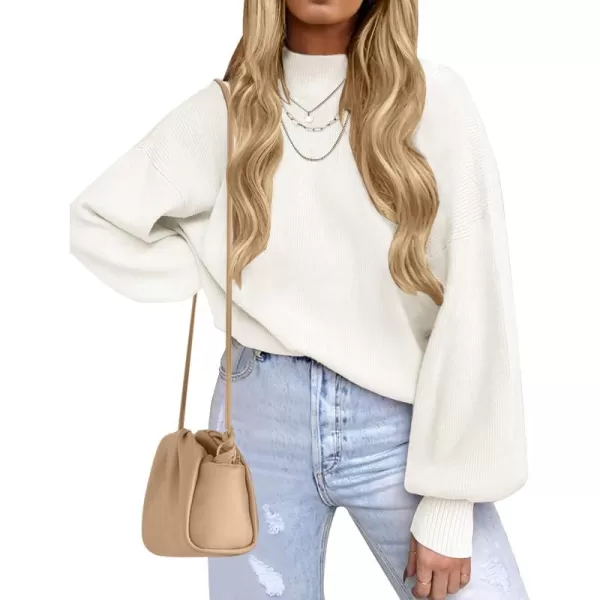 ZESICA Womens 2024 Casual Turtleneck Long Lantern Sleeve Oversized Ribbed Knit Pullover Sweater Jumper TopWhite