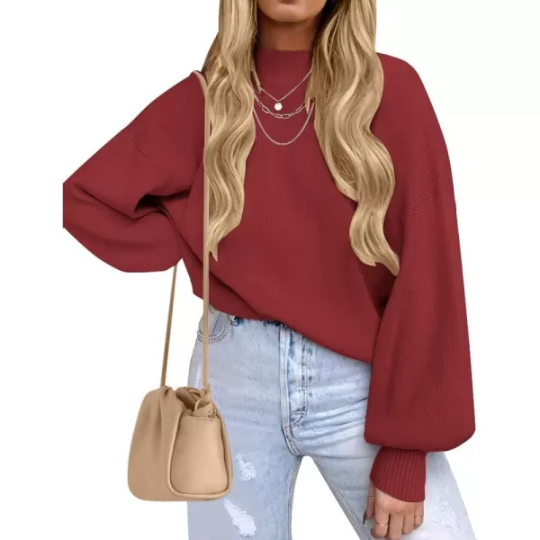 ZESICA Womens 2024 Casual Turtleneck Long Lantern Sleeve Oversized Ribbed Knit Pullover Sweater Jumper TopWine