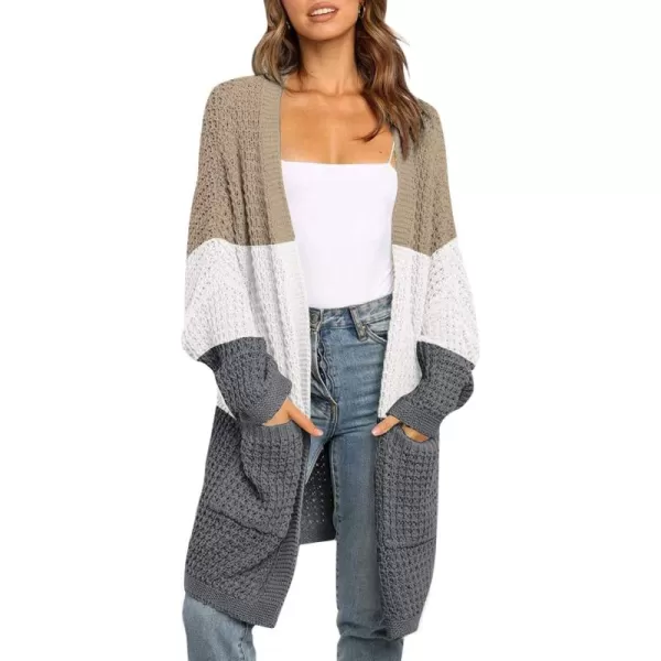 ZESICA Womens 2024 Fall Long Batwing Sleeve Open Front Chunky Knit Cardigan SweaterContrastkhaki