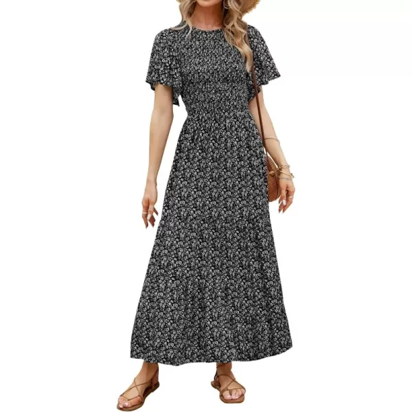 ZESICA Womens 2024 Summer Casual Floral Print Short Flutter Sleeve Crew Neck Smocked High Waist Flowy Maxi DressBlack