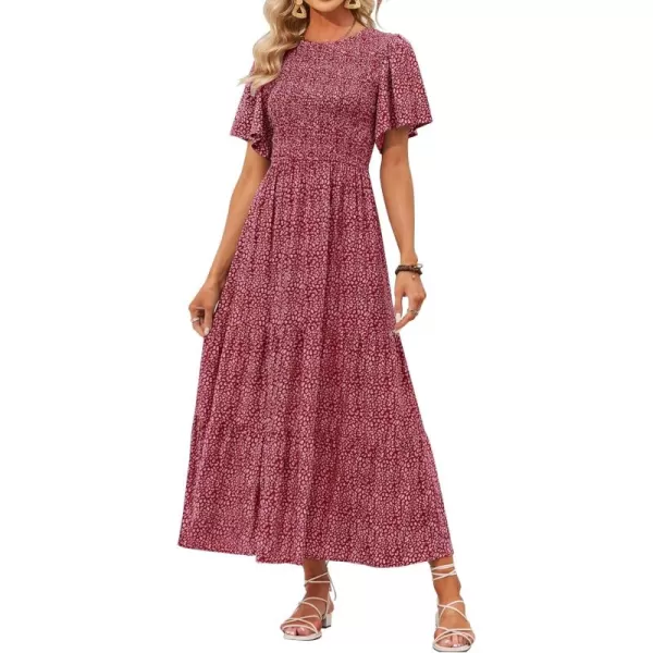ZESICA Womens 2024 Summer Casual Floral Print Short Flutter Sleeve Crew Neck Smocked High Waist Flowy Maxi DressVintagered