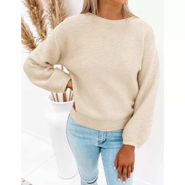 ZESICA Womens 2024 Crew Neck Long Lantern Sleeve Casual Loose Ribbed Knit Solid Soft Pullover Sweater TopsApricot