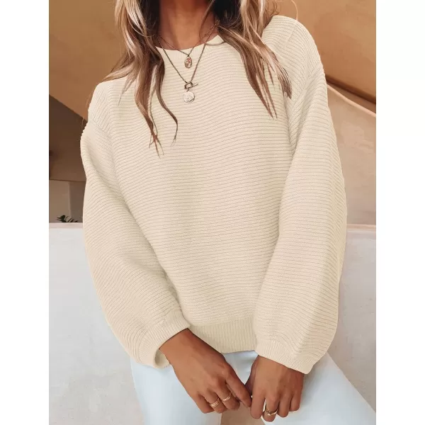 ZESICA Womens 2024 Crew Neck Long Lantern Sleeve Casual Loose Ribbed Knit Solid Soft Pullover Sweater TopsApricot