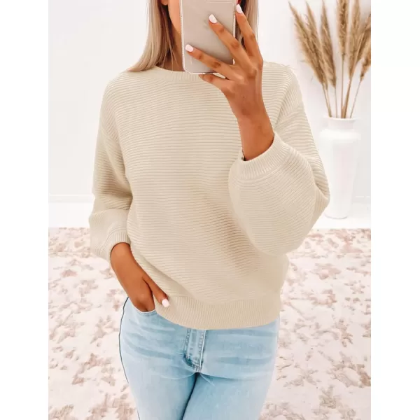 ZESICA Womens 2024 Crew Neck Long Lantern Sleeve Casual Loose Ribbed Knit Solid Soft Pullover Sweater TopsApricot