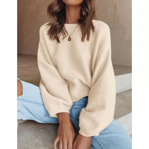 ZESICA Womens 2024 Crew Neck Long Lantern Sleeve Casual Loose Ribbed Knit Solid Soft Pullover Sweater TopsApricot